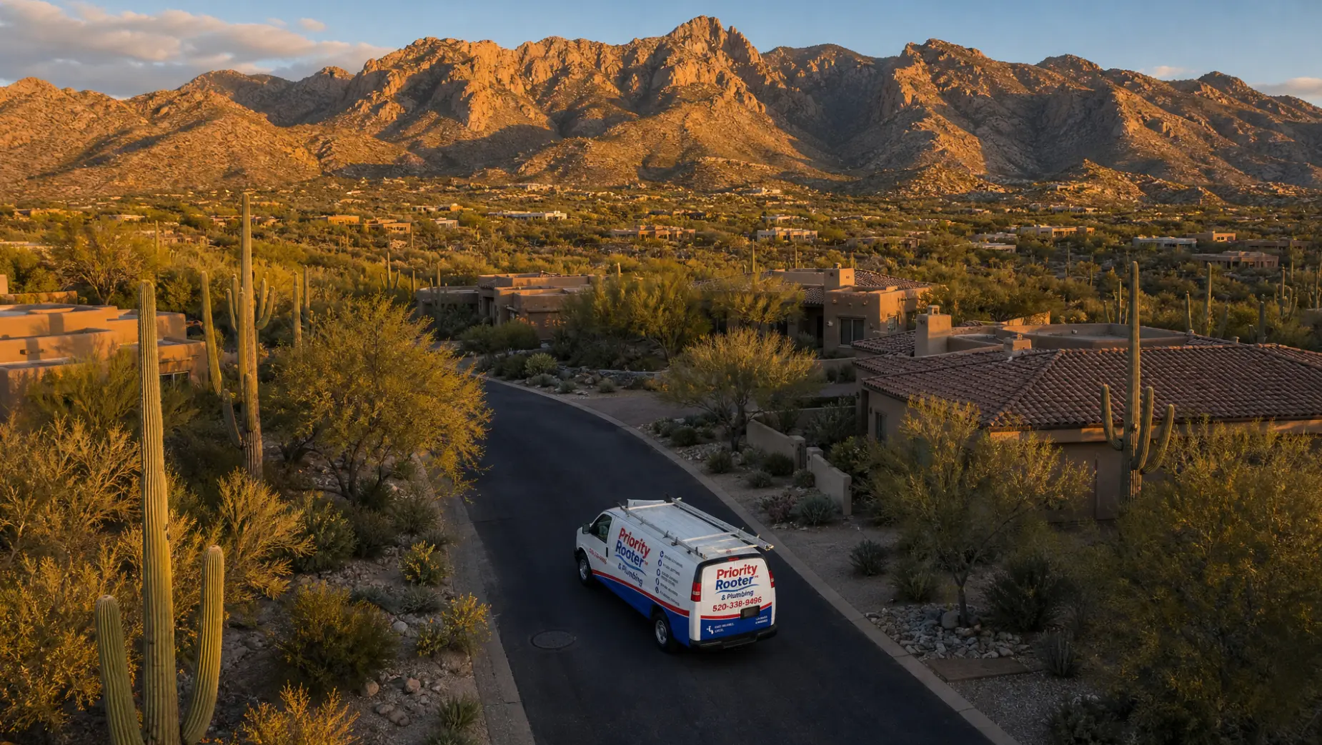Priority Rooter & Plumbing service van on a Tucson foothills street at sunset with the Catalina Mountains behind it