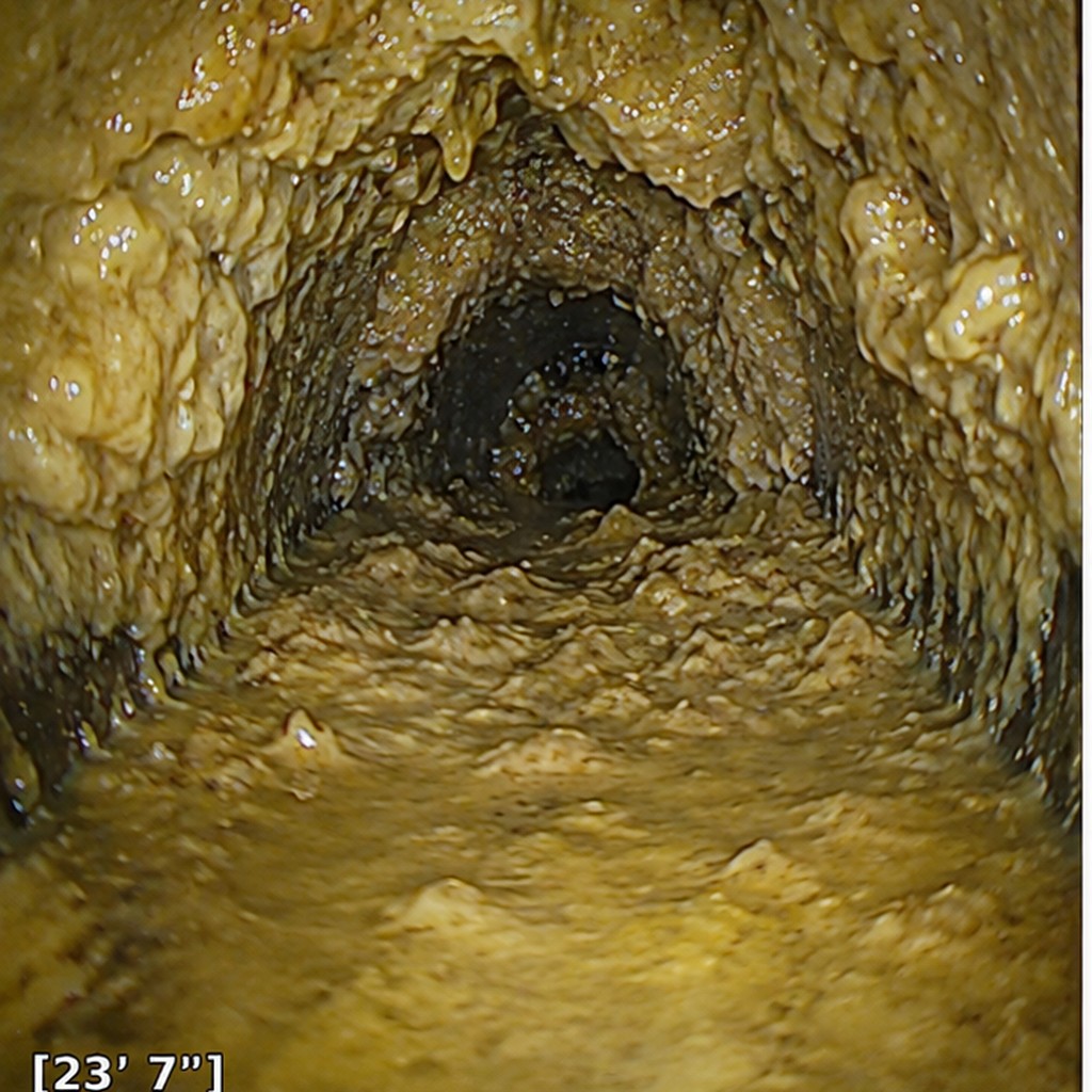 Before hydro jetting: sewer camera view of a Tucson residential main sewer line coated with thick grease and sludge at 23 feet 7 inches.