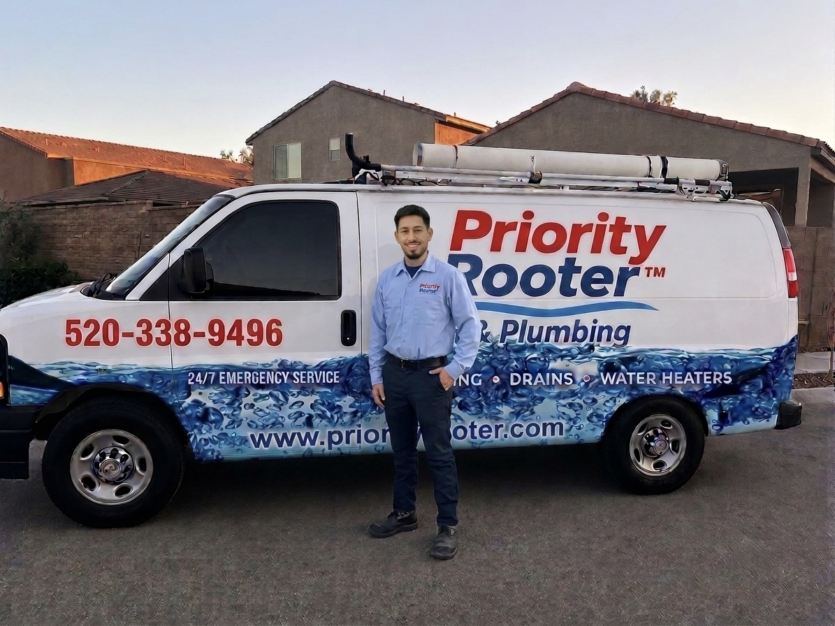 Priority Rooter & Plumbing owner standing next to the branded service van in Tucson, Arizona
