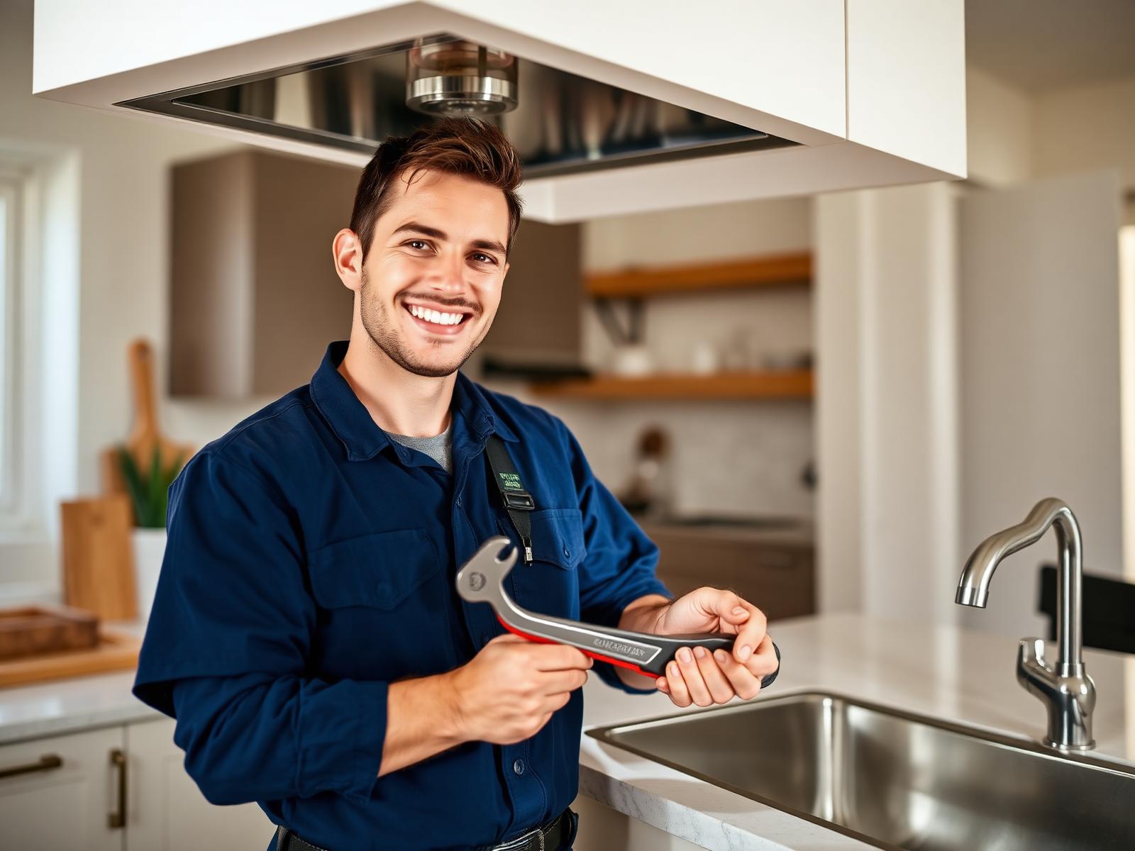 Friendly Priority Rooter plumber working in a clean Tucson home kitchen